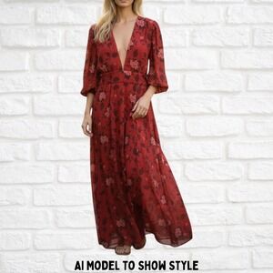 eShakti Red Floral Maxi Dress XL 16 Deep V Neck Chiffon Puff Sleeve Cottagecore